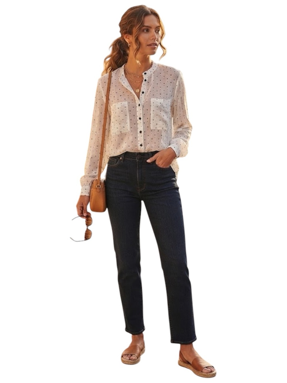 TWIK by Simons Dainty Cross Print Button Down Collarless Blouse Ivory Large - Picture 2 of 12